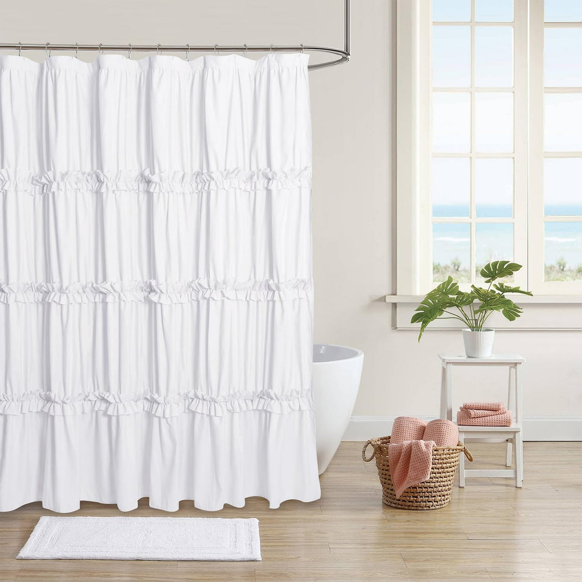 Farmhouse Ruffle Shower Curtain, Gray, 72 x 72 in