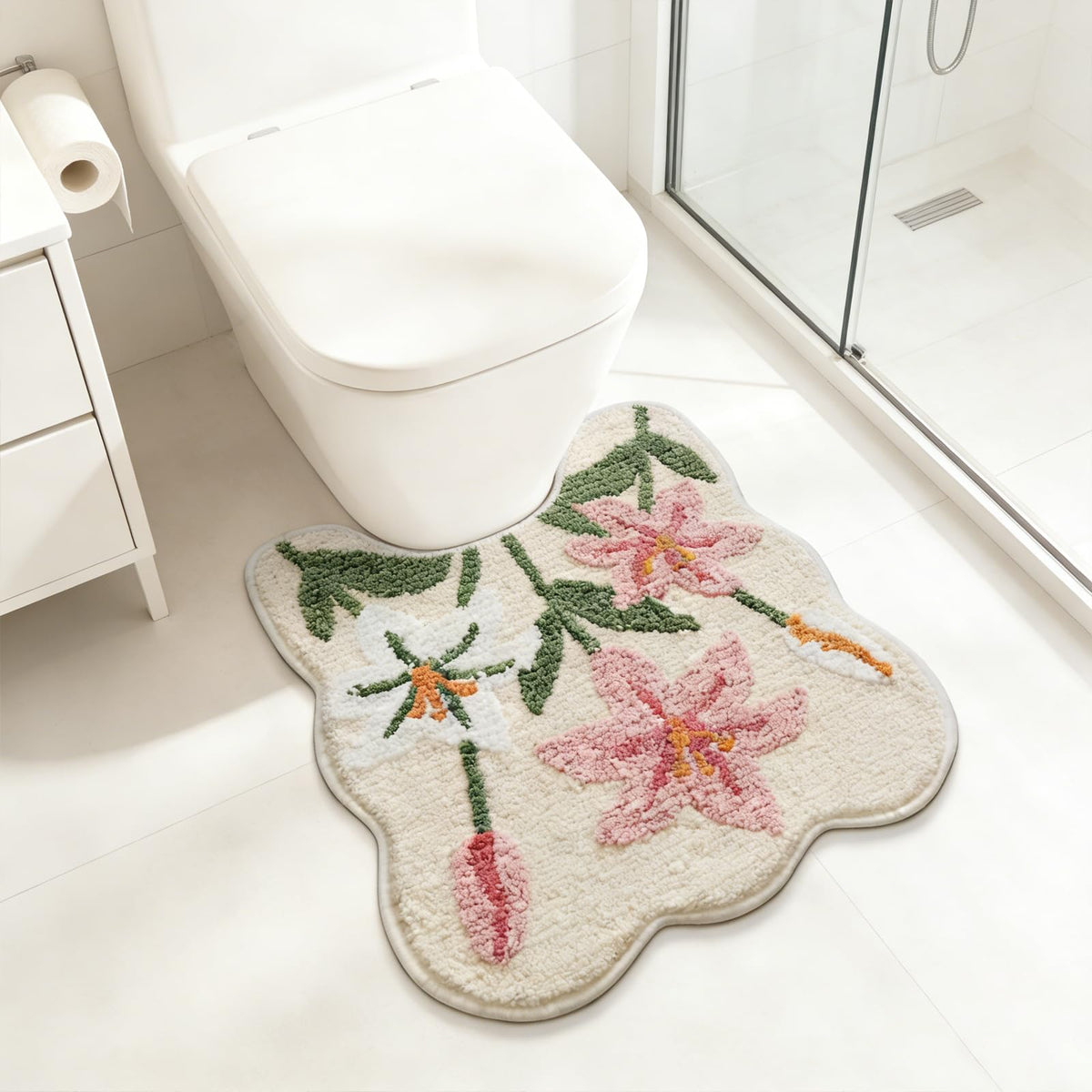 Cloud-Shaped Lily Bath Mat, Soft Non-Slip Fluffy Fresh Flowers Bathroom Rug, Ultra Absorbent Microfiber Shaggy Door Mat, Machine Washable Bath Rug Carpet for Bathtub Bedroom 20x31 Inch (White)