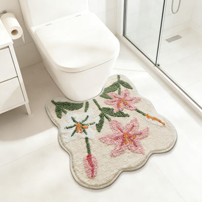 Cloud-Shaped Lily Bath Mat, Soft Non-Slip Fluffy Fresh Flowers Bathroom Rug, Ultra Absorbent Microfiber Shaggy Door Mat, Machine Washable Bath Rug Carpet for Bathtub Bedroom 20x31 Inch (White)