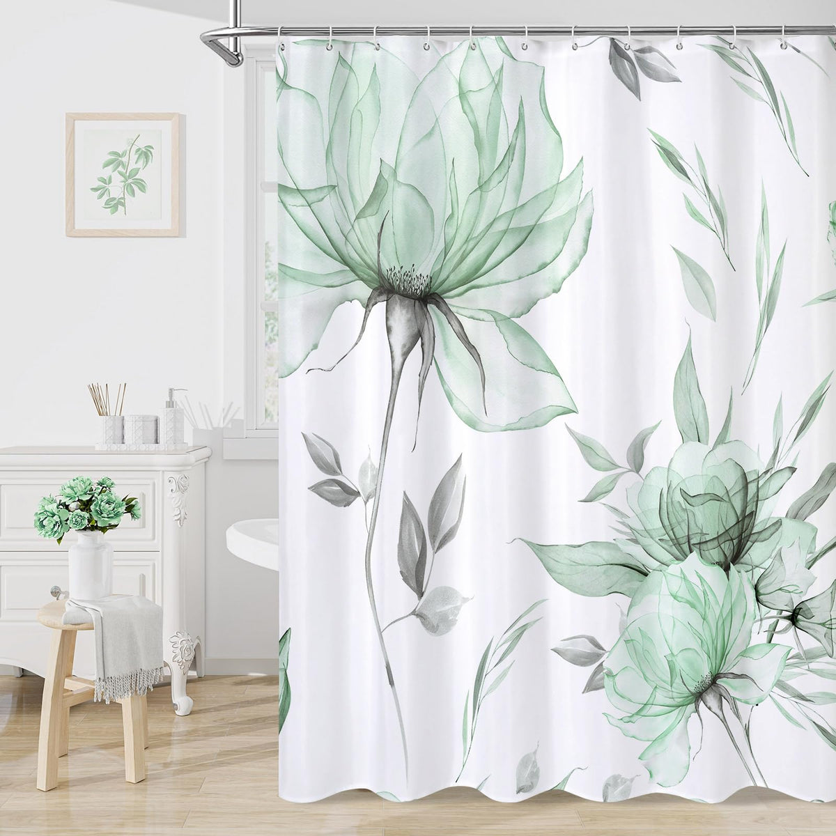 Blue Boho Floral Shower Curtain, Watercolor Botanical Design, 72 x 72