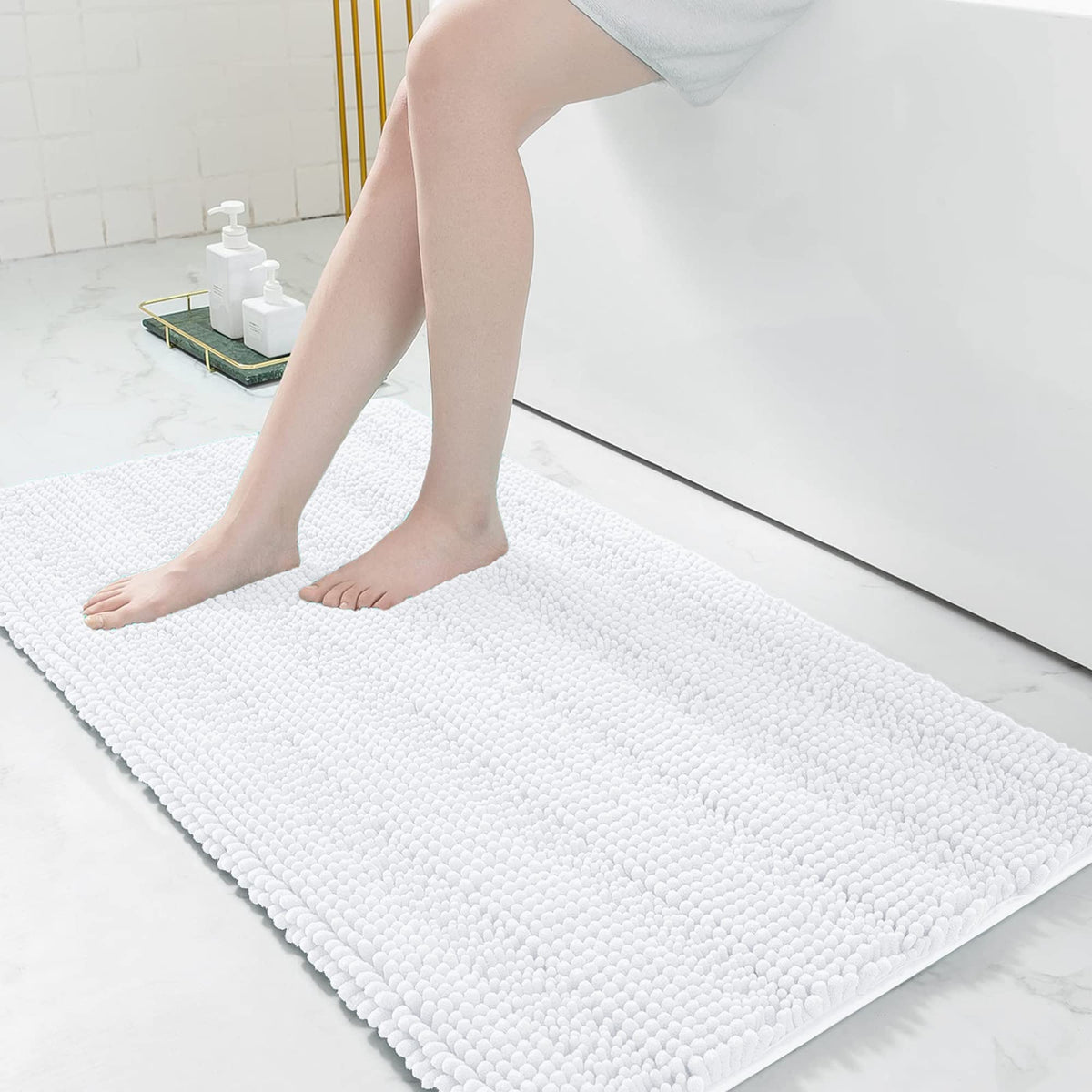 Grandaily Chenille Striped Bathroom Rugs 36x24, Extra Thick and Absorbent Bath Mats, Non-Slip Soft Plush Shaggy Shower Carpet, Machine Wash Dry, Bath Rug for Bathroom, (Large, Light Grey)