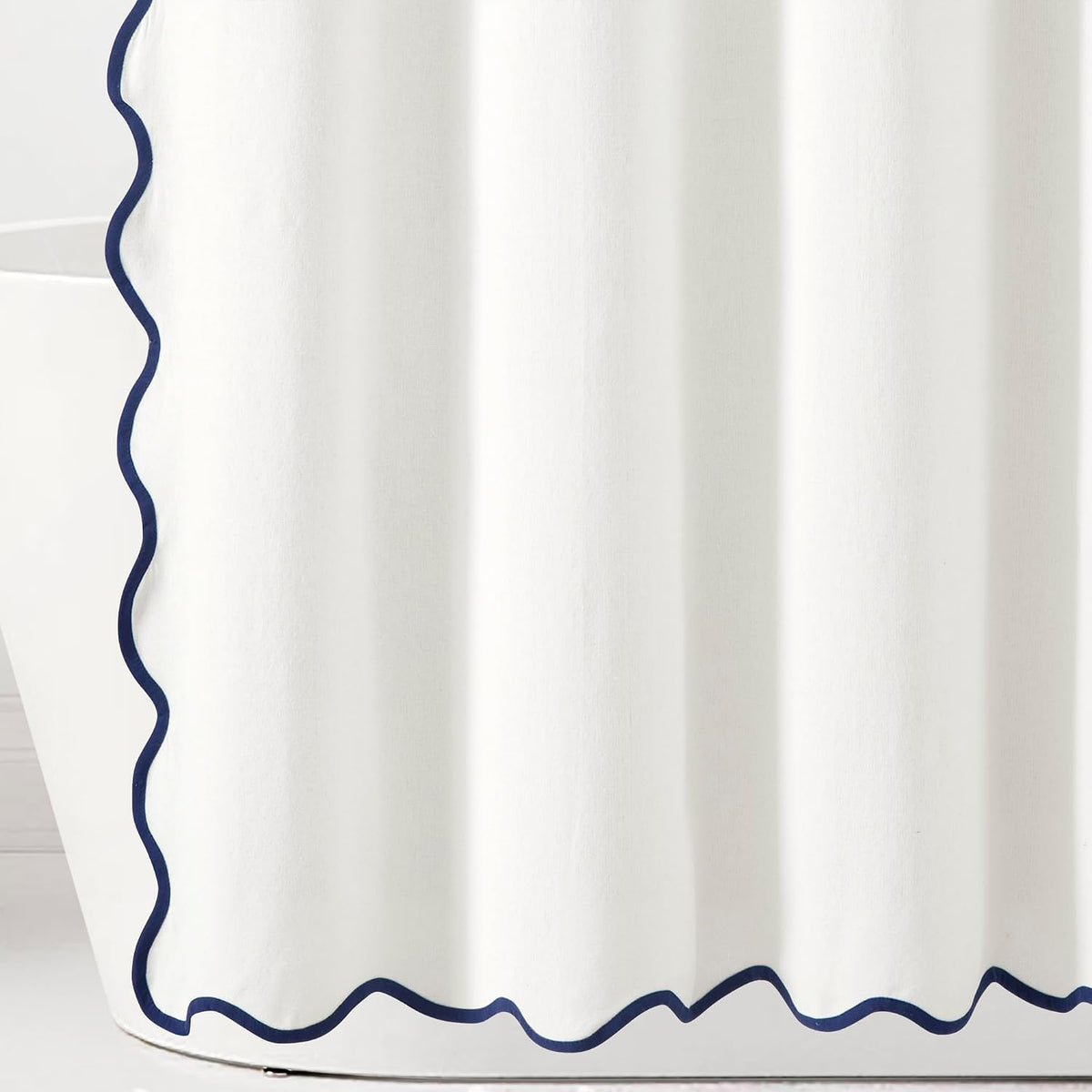 Lush Decor Coastal Chic Scallop Edge Linen-Textured Shower Curtain, Single 72" W x 72" L, Navy & White - Scalloped Shower Curtains - Coastal Bathroom Curtain