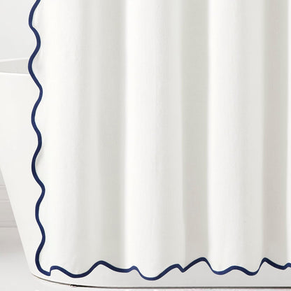 Lush Decor Coastal Chic Scallop Edge Linen-Textured Shower Curtain, Single 72" W x 72" L, Navy & White - Scalloped Shower Curtains - Coastal Bathroom Curtain
