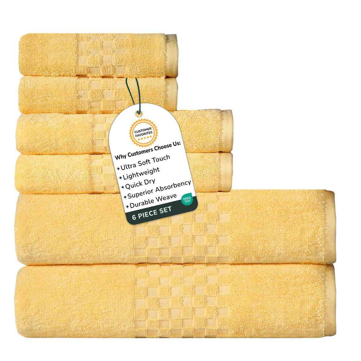 Feather & Stitch 100% Cotton 625 GSM Bath Towel Set of 6, Ultra Soft Highly Absorbent 2 Bath Towels, 2 Hand Towels & 2 Washcloth - Luxury Quick Dry Shower Towels (Ivory)
