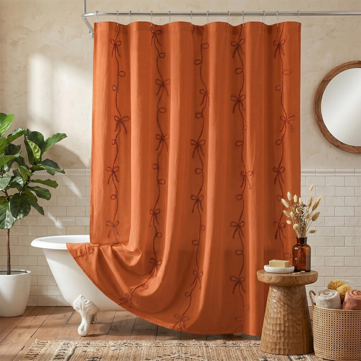 Seasonwood Pink Bow Shower Curtain with Cording Bow Embroidery 72x72 Inches