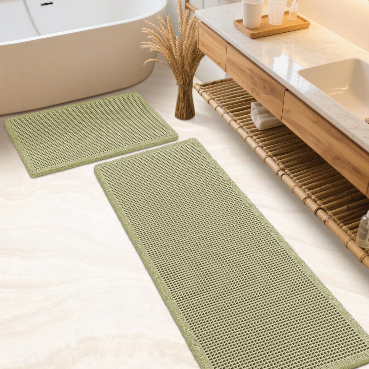 IM HOME Waffle Bath Mat Beige 32"x20", Boho Woven Modern Bath Mat Rugs, Absorbent Non Slip Bathroom Rugs, Soft Washable Bath Rugs with Tassels for Bathroom, Bedroom, Kitchen, Shower, Tub