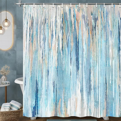 JAWO Abstract Shower Curtain,Modern Aesthetic Abstract Stripe Shower Curtain Set, Yellow Blue Grey Contemporary Abstract Painting Fabric Shower Curtains
