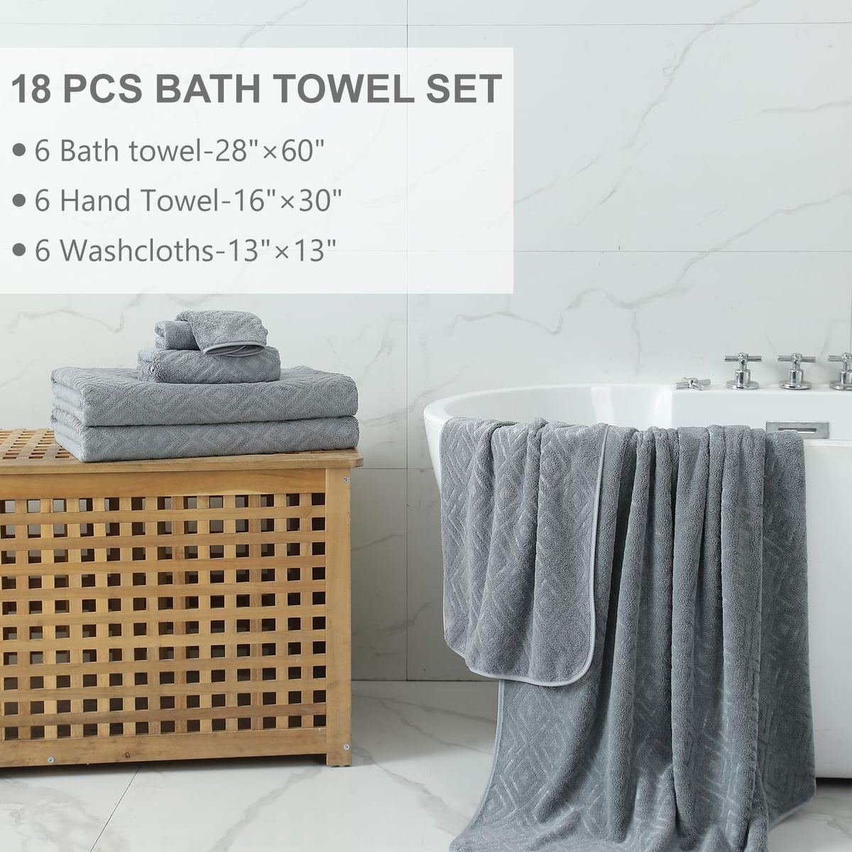 Smuge 18-Piece Bath Towel Set, Include 6 Bath Towel Sheets, 6 Hand Towels and 6 Washcloths - Highly Absorbent Quick Dry 100% Microfiber,Ultra Soft Bathroom Towel Set (Dark Gray)