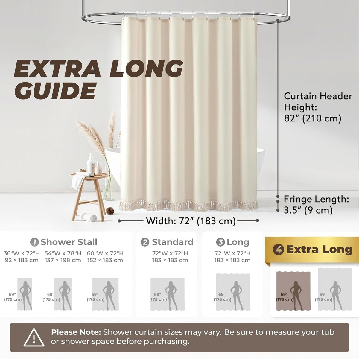 Linen Shower Curtain Boho Beige Shower Curtain with Tassels 72"W x 84"L