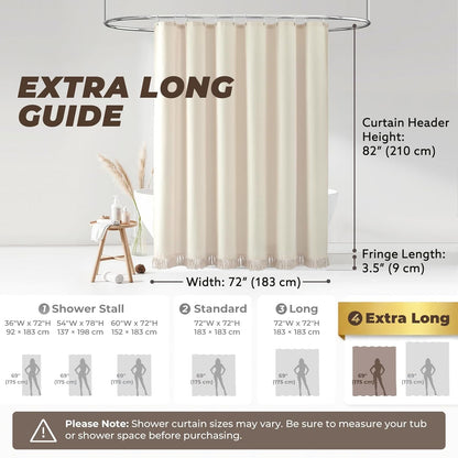 Linen Shower Curtain Boho Beige Shower Curtain with Tassels 72"W x 84"L