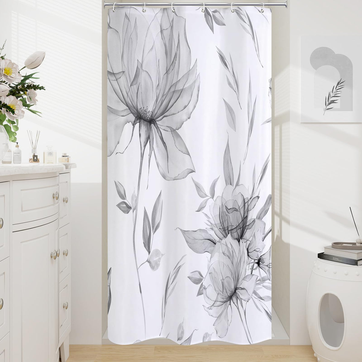 Blue Boho Floral Shower Curtain, Watercolor Botanical Design, 72 x 72