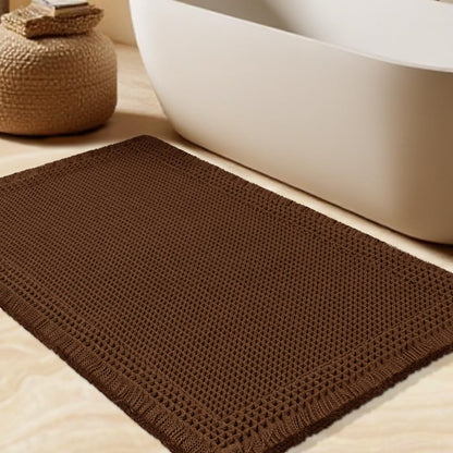 Upgrade Waffle Bath Mat Set 2 Piece, Boho Bathroom Rugs Absorbent Non Slip, Ultra Soft Bathroom Mat, Machine Washable Knit Bath Rugs with Herringbones for Bathroom, Bedroom, Kitchen, Shower, White