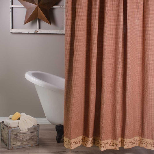 Berry Vine Gingham Barn Red and Nutmeg 72" x 72" Cotton Shower Curtain