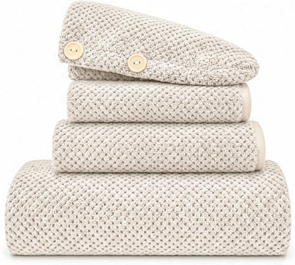 Oversize Bath Towels for Bathroom 35x70 Inches, 4-Piece Bathroom Set (1 Bath Towel, 1 Hair Towel, 1 Hand Towel, 1 Washcloth) Towels for Bathroom Set Soft and Absorbent Shower Towels Khaki