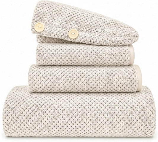 Oversize Bath Towels for Bathroom 35x70 Inches, 4-Piece Bathroom Set (1 Bath Towel, 1 Hair Towel, 1 Hand Towel, 1 Washcloth) Towels for Bathroom Set Soft and Absorbent Shower Towels Khaki