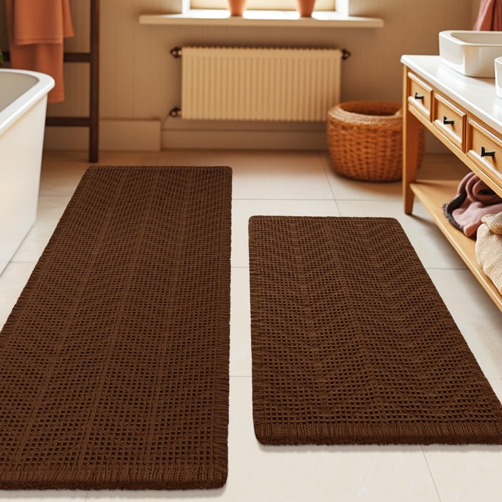 Upgrade Waffle Bath Mat Set 2 Piece, Boho Bathroom Rugs Absorbent Non Slip, Ultra Soft Bathroom Mat, Machine Washable Knit Bath Rugs with Herringbones for Bathroom, Bedroom, Kitchen, Shower, White