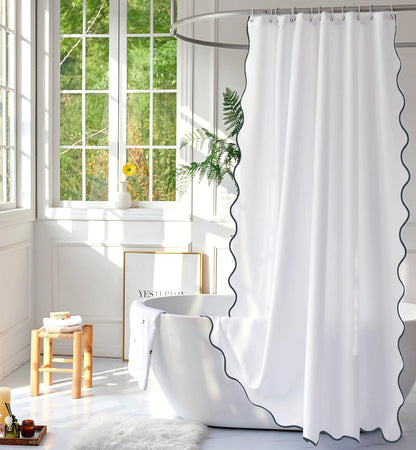 White Fabric with Water Blue Scalloped Border Shower Curtain,Boho Chic Cloth Shower Curtain for Bathroom Showers,72 x 72 Inches