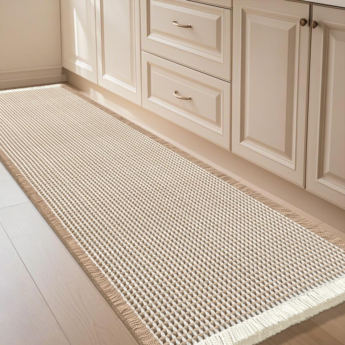 IM HOME Waffle Bath Mat Beige 32"x20", Boho Woven Modern Bath Mat Rugs, Absorbent Non Slip Bathroom Rugs, Soft Washable Bath Rugs with Tassels for Bathroom, Bedroom, Kitchen, Shower, Tub