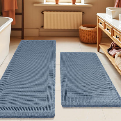 Upgrade Waffle Bath Mat Set 2 Piece, Boho Bathroom Rugs Absorbent Non Slip, Ultra Soft Bathroom Mat, Machine Washable Knit Bath Rugs with Herringbones for Bathroom, Bedroom, Kitchen, Shower, White