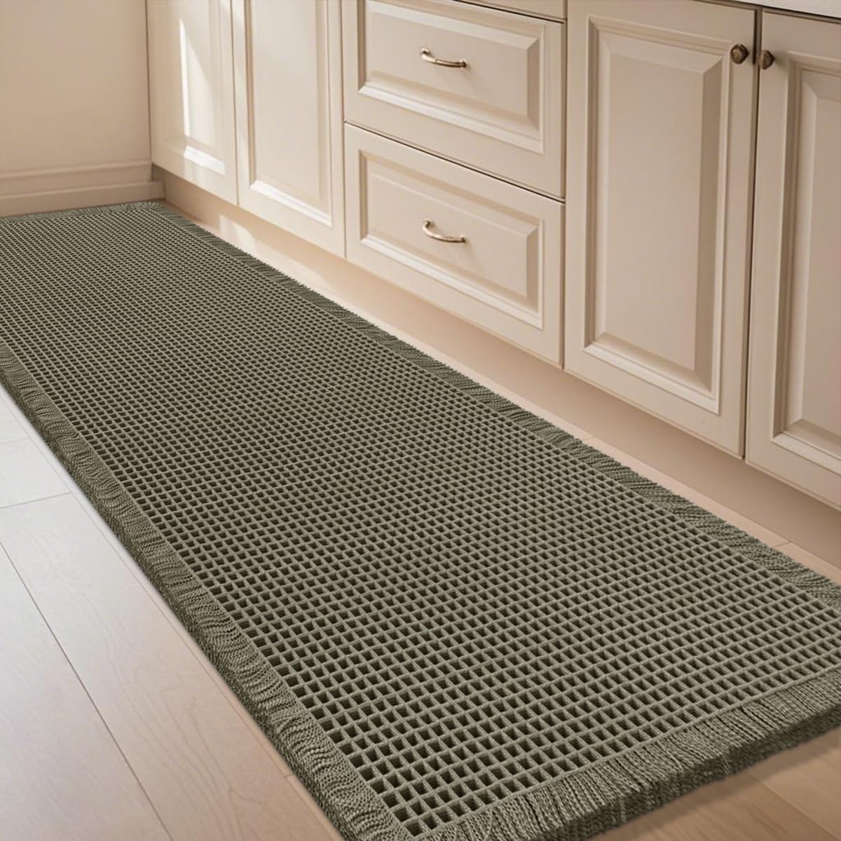 IM HOME Waffle Bath Mat Beige 32"x20", Boho Woven Modern Bath Mat Rugs, Absorbent Non Slip Bathroom Rugs, Soft Washable Bath Rugs with Tassels for Bathroom, Bedroom, Kitchen, Shower, Tub