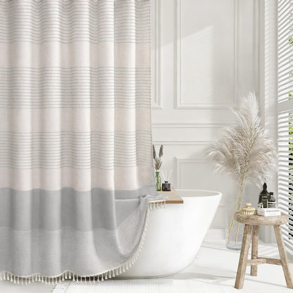 Navy Blue Coastal Ocean Linen Striped Shower Curtain with Tassel 72W X 72L