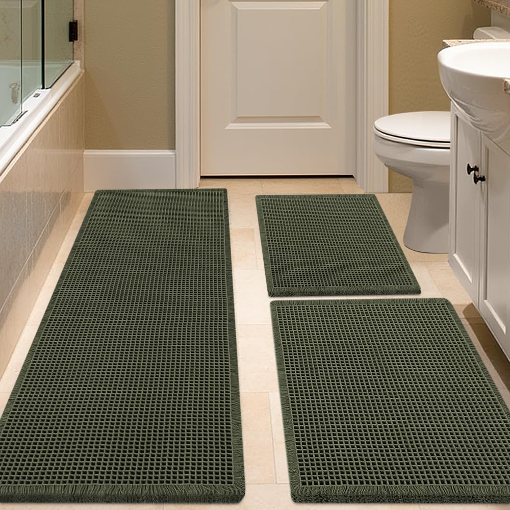 IM HOME Waffle Bath Mat Beige 32"x20", Boho Woven Modern Bath Mat Rugs, Absorbent Non Slip Bathroom Rugs, Soft Washable Bath Rugs with Tassels for Bathroom, Bedroom, Kitchen, Shower, Tub