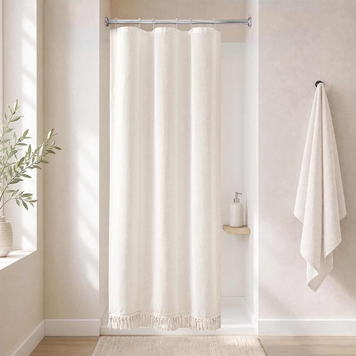 Linen Shower Curtain Boho Beige Shower Curtain with Tassels 72"W x 84"L