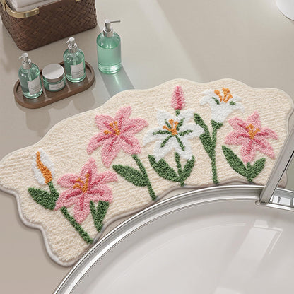 Cloud-Shaped Lily Bath Mat, Soft Non-Slip Fluffy Fresh Flowers Bathroom Rug, Ultra Absorbent Microfiber Shaggy Door Mat, Machine Washable Bath Rug Carpet for Bathtub Bedroom 20x31 Inch (White)