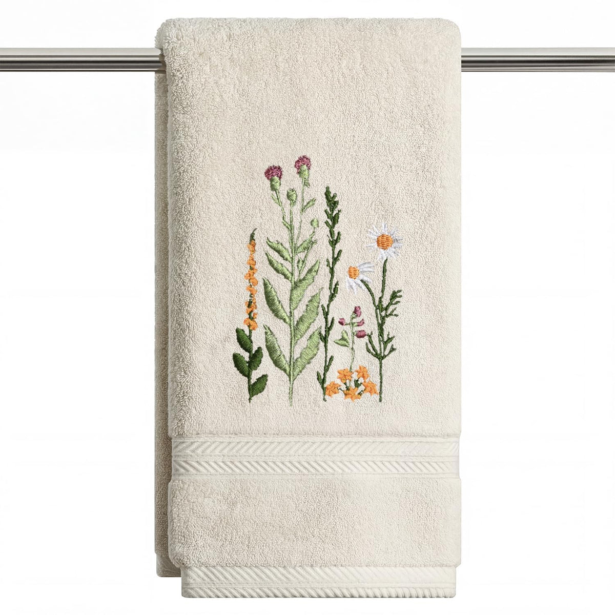 Artoid Mode 2 Pcs Beige Wildflower Floral Embroidered Hand Towels for Bathroom, 100% Cotton Soft Absorbent Farmhouse Decor Towels, 13.7 x 29.5 Inch