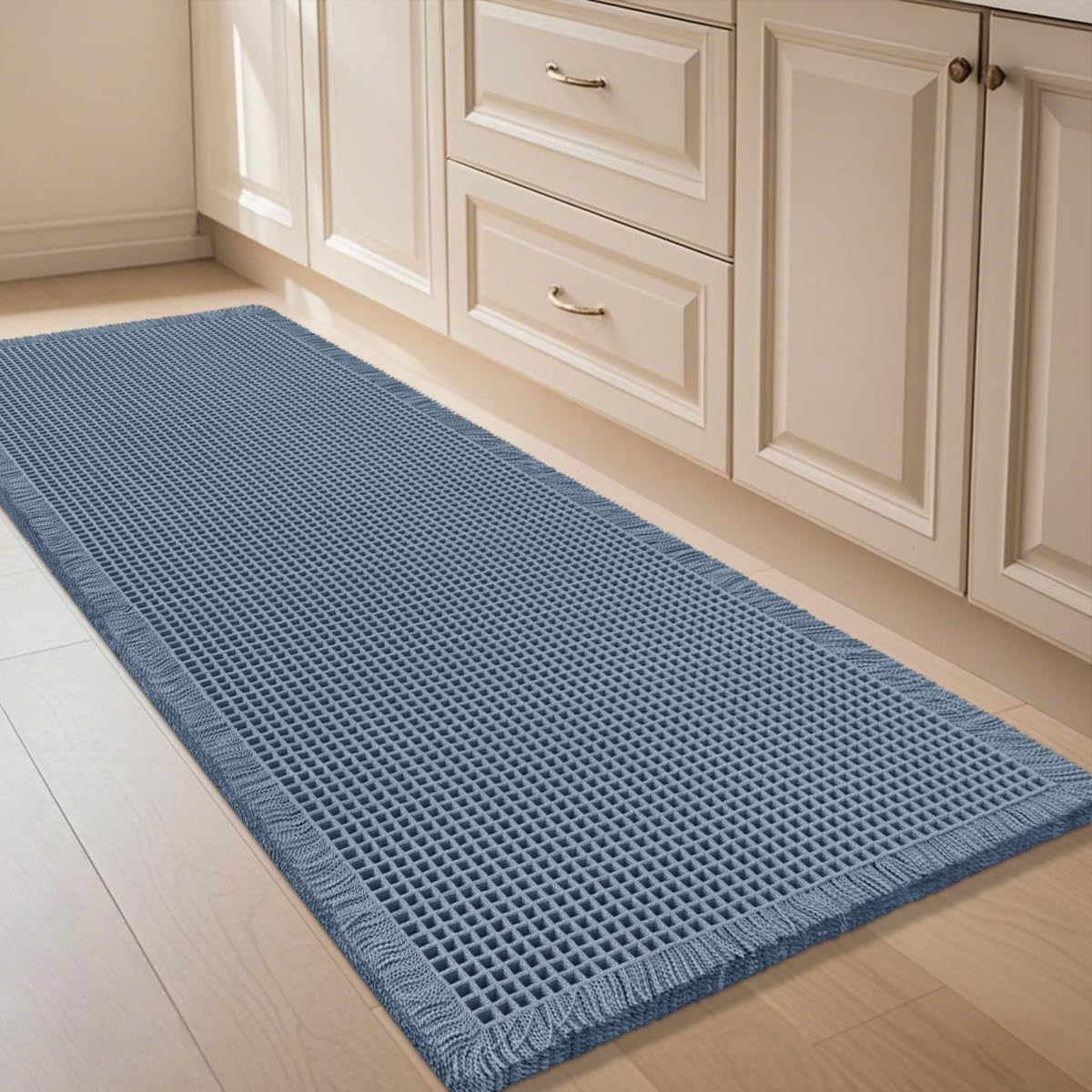 IM HOME Waffle Bath Mat Beige 32"x20", Boho Woven Modern Bath Mat Rugs, Absorbent Non Slip Bathroom Rugs, Soft Washable Bath Rugs with Tassels for Bathroom, Bedroom, Kitchen, Shower, Tub