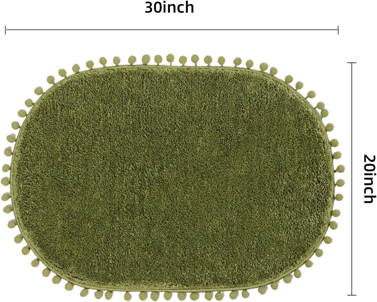 YIRDDEO Oval Rug for Bathroom, Cute Boho Bath Mat with Pom, Olive Green