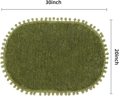 YIRDDEO Oval Rug for Bathroom, Cute Boho Bath Mat with Pom, Olive Green