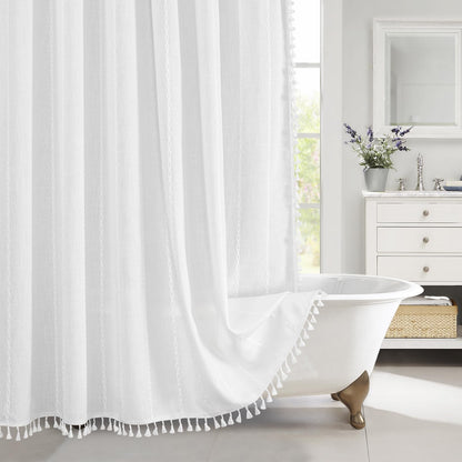 Boho Farmhouse Tassel Linen Shower Curtain,3D Embroidery Stripe Black,72x72