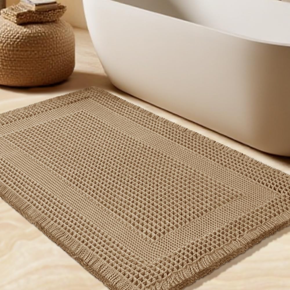 Upgrade Waffle Bath Mat Set 2 Piece, Boho Bathroom Rugs Absorbent Non Slip, Ultra Soft Bathroom Mat, Machine Washable Knit Bath Rugs with Herringbones for Bathroom, Bedroom, Kitchen, Shower, White