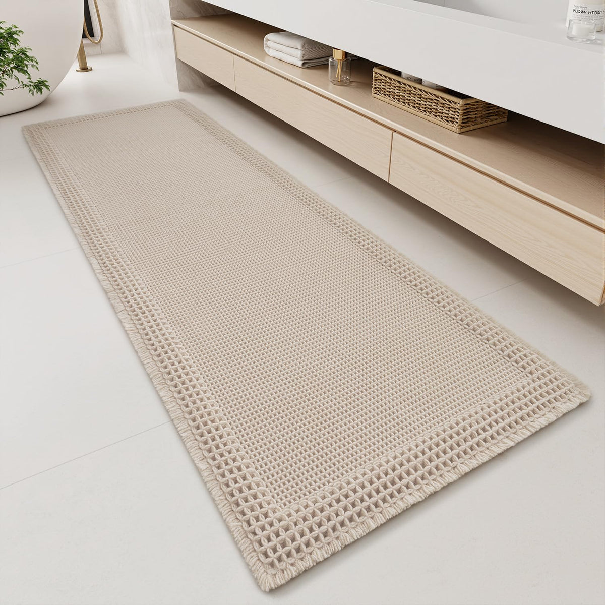 RESARE Waffle Bathroom Runner Rugs, Non Slip Boho Bath Mat 24"x72" Brown