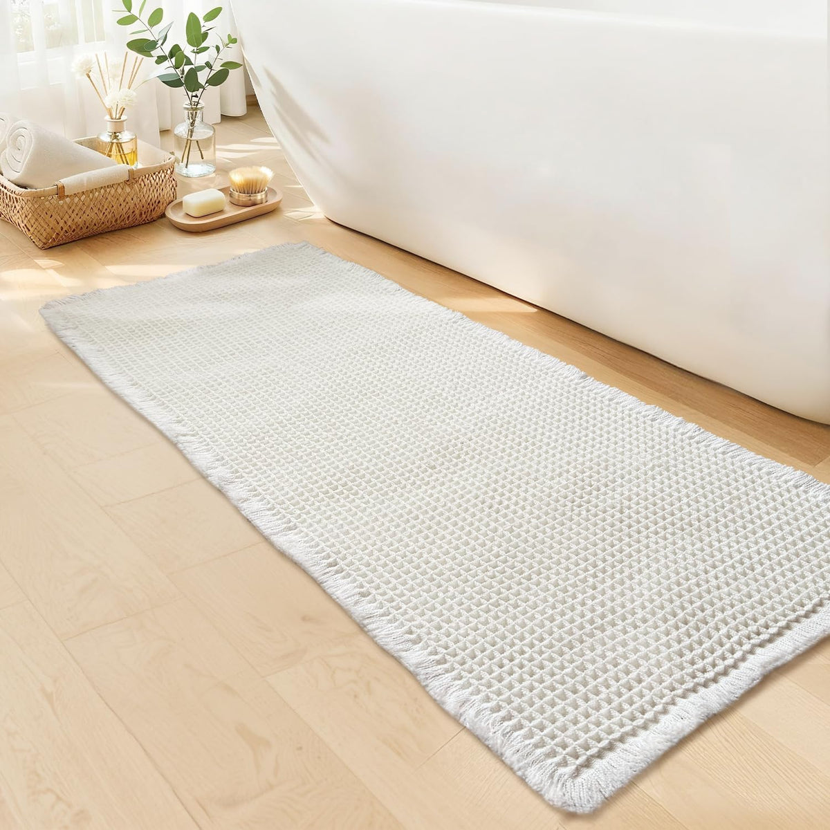 Waffle Bath Mat, Boho Bathroom Rugs Non Slip Washable, 18" x 30"
