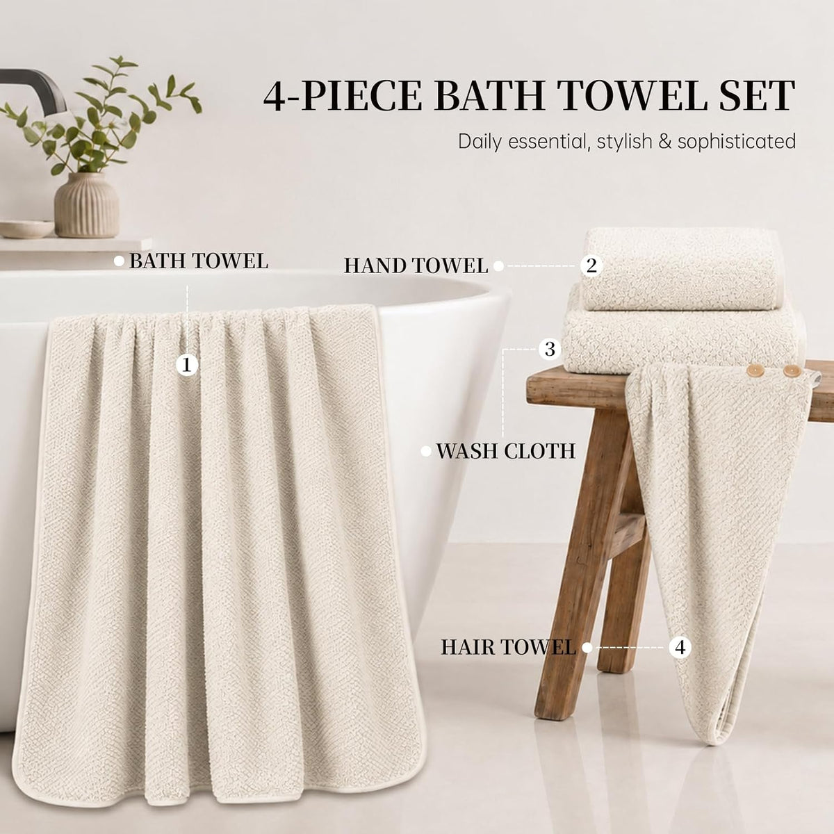 Oversize Bath Towels for Bathroom 35x70 Inches, 4-Piece Bathroom Set (1 Bath Towel, 1 Hair Towel, 1 Hand Towel, 1 Washcloth) Towels for Bathroom Set Soft and Absorbent Shower Towels Khaki