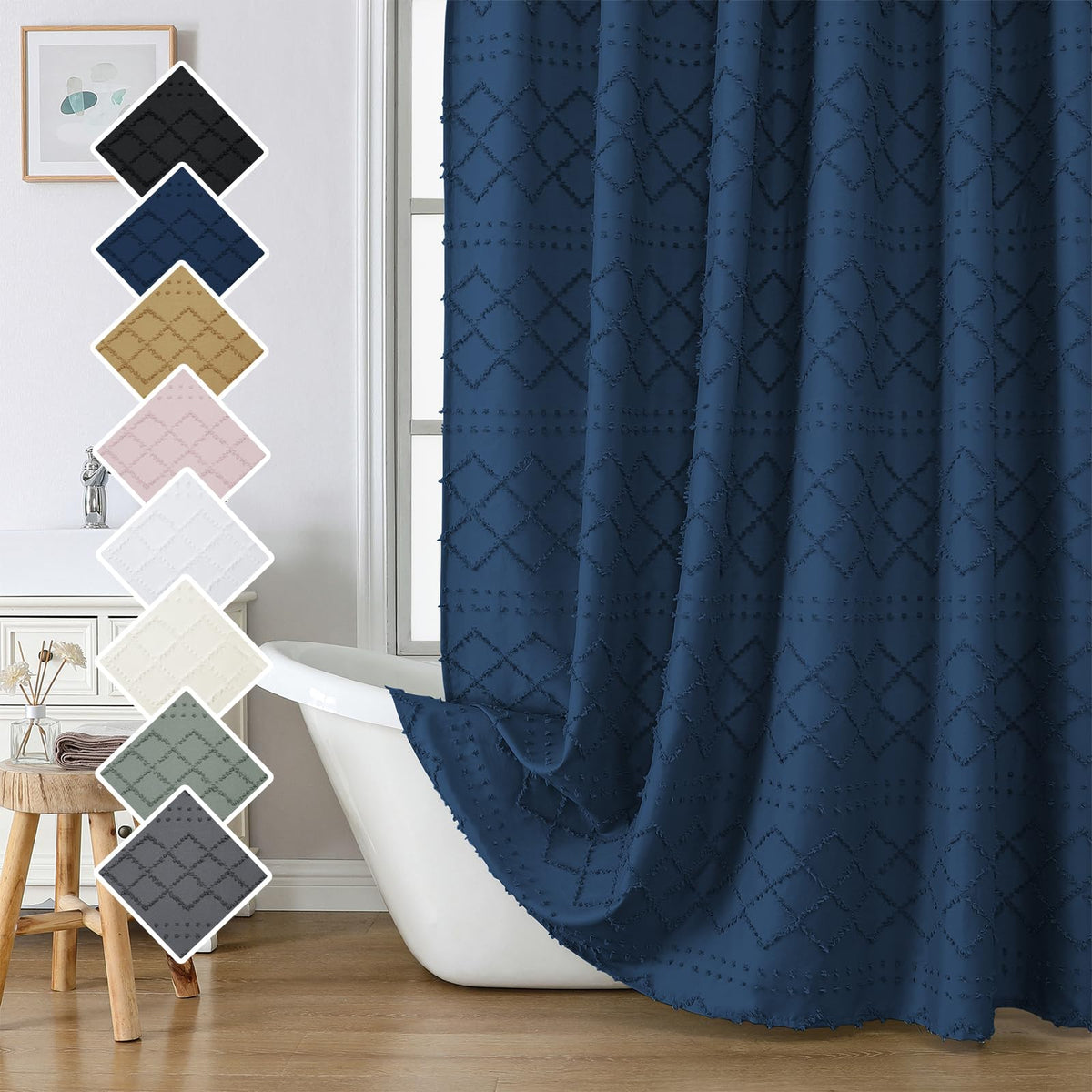 Lecloud White Fabric Shower Curtain 72x72 Inches, Boho Tufted Plaid Striped Shower Curtain Set for Bathroom, Chic Textured Cloth Shower Curtain