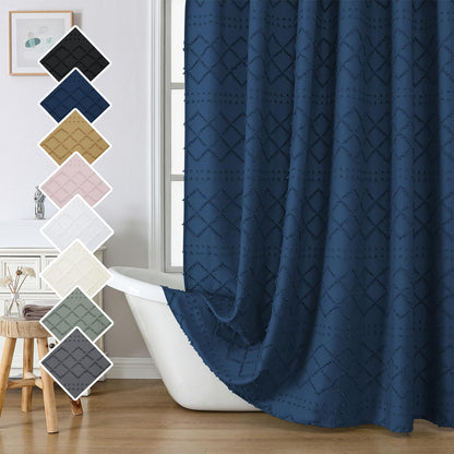 Lecloud White Fabric Shower Curtain 72x72 Inches, Boho Tufted Plaid Striped Shower Curtain Set for Bathroom, Chic Textured Cloth Shower Curtain