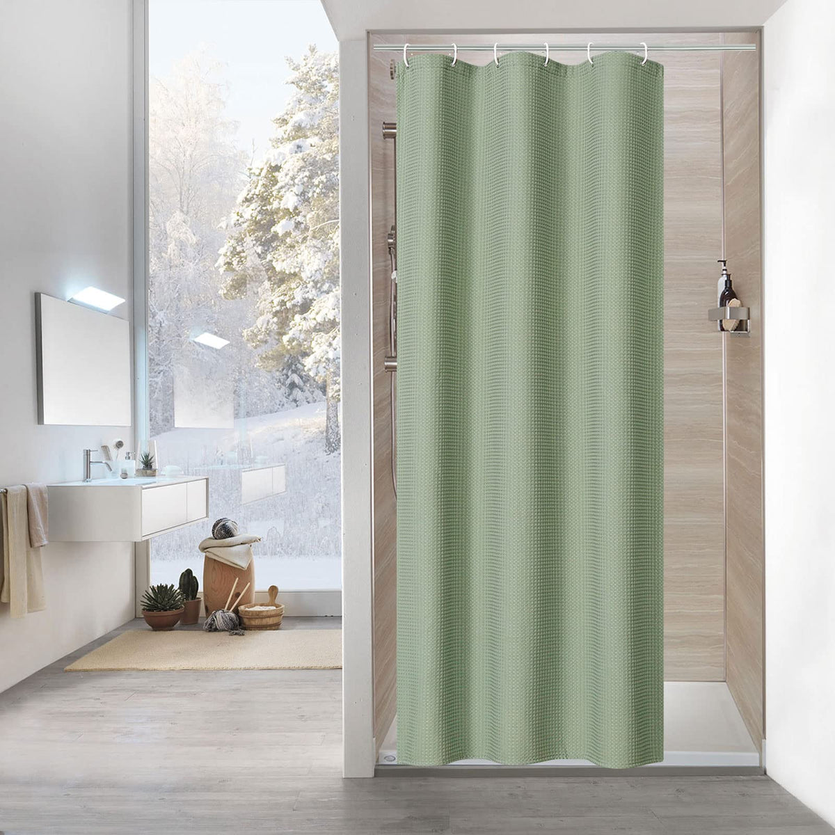 Sage Green Luxury Heavyweight Textured Fabric Shower Curtain Hotel,72x72