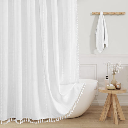 Boho Farmhouse Tassel Linen Shower Curtain,3D Embroidery Stripe Black,72x72