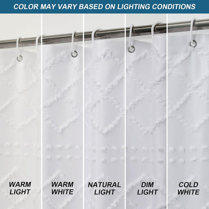Lecloud White Fabric Shower Curtain 72x72 Inches, Boho Tufted Plaid Striped Shower Curtain Set for Bathroom, Chic Textured Cloth Shower Curtain