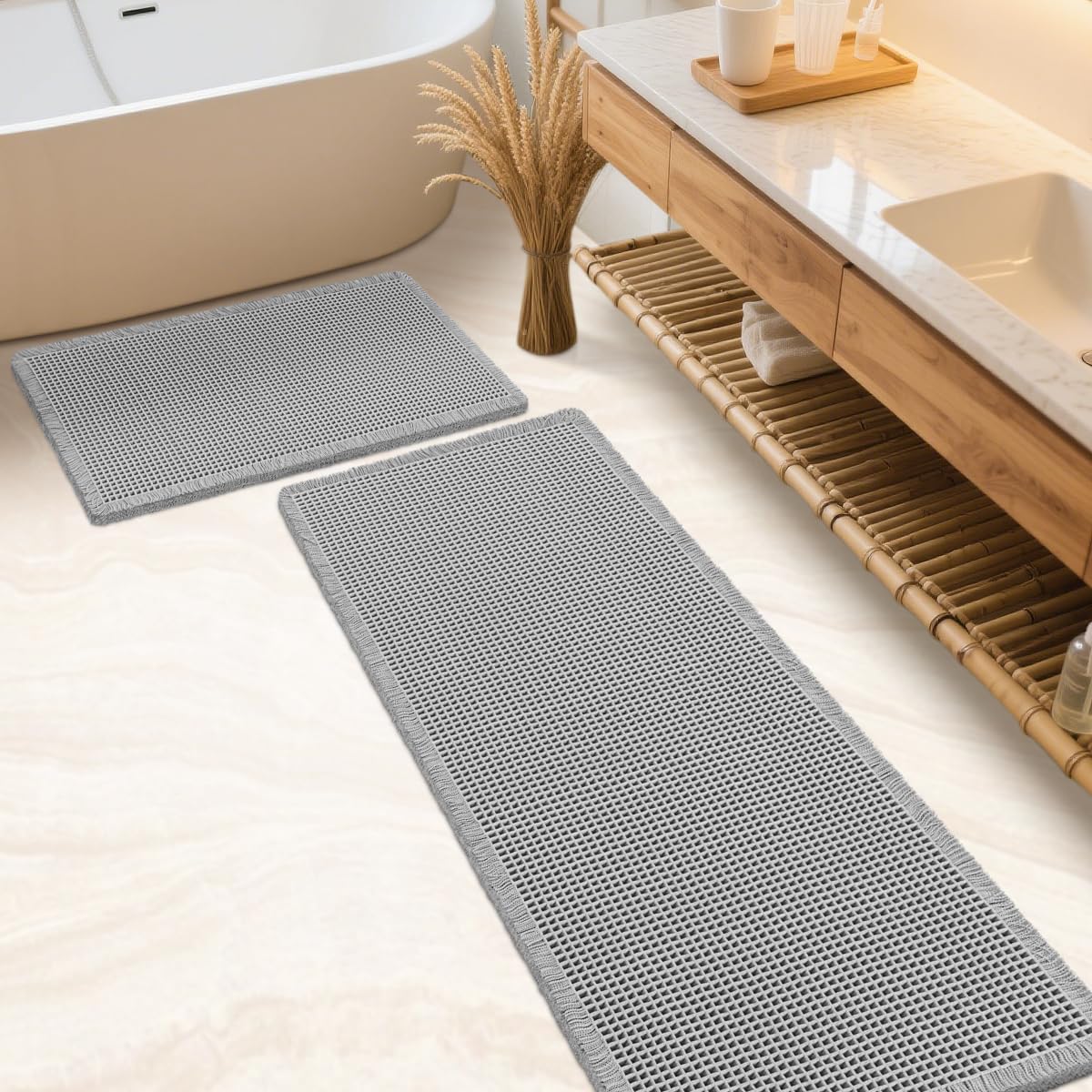 IM HOME Waffle Bath Mat Beige 32"x20", Boho Woven Modern Bath Mat Rugs, Absorbent Non Slip Bathroom Rugs, Soft Washable Bath Rugs with Tassels for Bathroom, Bedroom, Kitchen, Shower, Tub