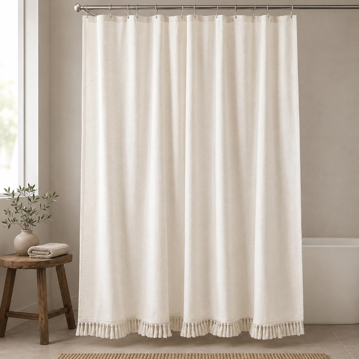 Linen Shower Curtain Boho Beige Shower Curtain with Tassels 72"W x 84"L