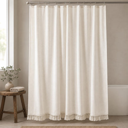 Linen Shower Curtain Boho Beige Shower Curtain with Tassels 72"W x 84"L