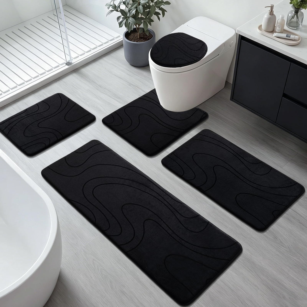 YIHOUSE Bathroom Rugs Sets 5 Piece - Memory Foam Bath Mat, Dark Grey