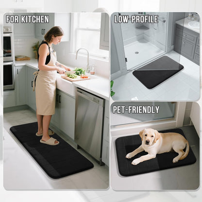 Yimobra Memory Foam Bathroom Rugs Sets 2 Piece - Super Soft Absorbent Quick Dry Bath Mat Set, Machine Washable Non Slip Floor Carpet for Tub Shower & Single Sink (17x24 & 31.5x20 Inch, Black)