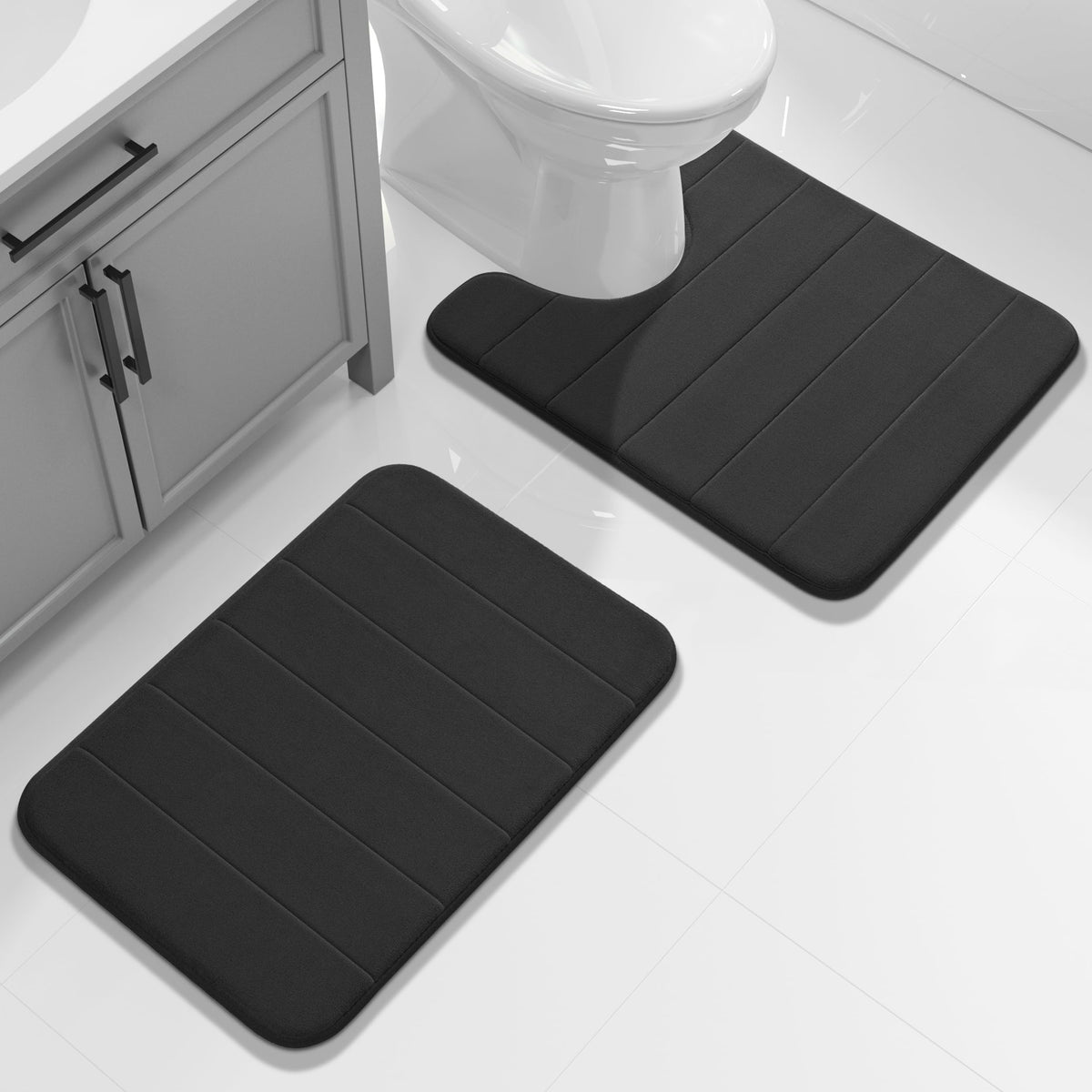 Yimobra Memory Foam Bathroom Rugs Sets 2 Piece - Super Soft Absorbent Quick Dry Bath Mat Set, Machine Washable Non Slip Floor Carpet for Tub Shower & Single Sink (17x24 & 31.5x20 Inch, Black)