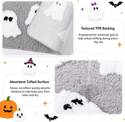 TRUEDAYS Halloween Ghost Bathroom Rug, Cute Tufted Bath Mat, Grey