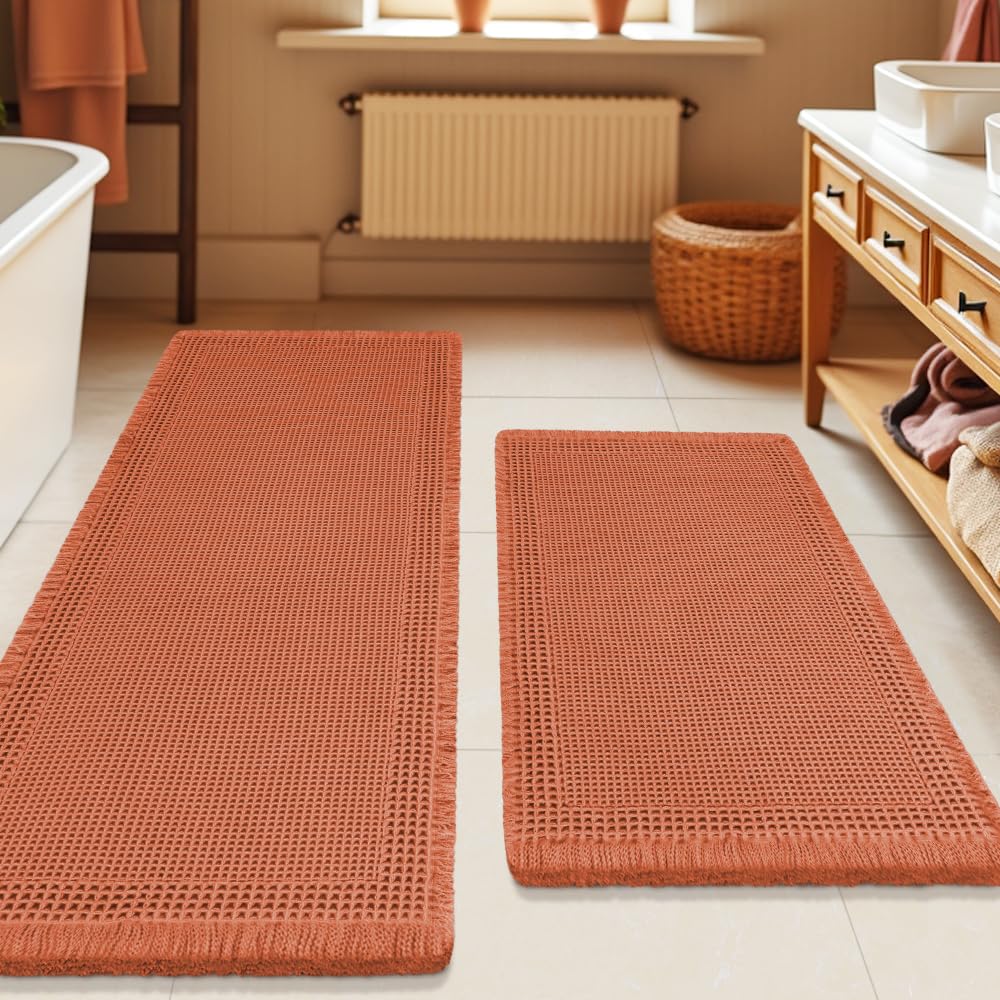 Upgrade Waffle Bath Mat Set 2 Piece, Boho Bathroom Rugs Absorbent Non Slip, Ultra Soft Bathroom Mat, Machine Washable Knit Bath Rugs with Herringbones for Bathroom, Bedroom, Kitchen, Shower, White